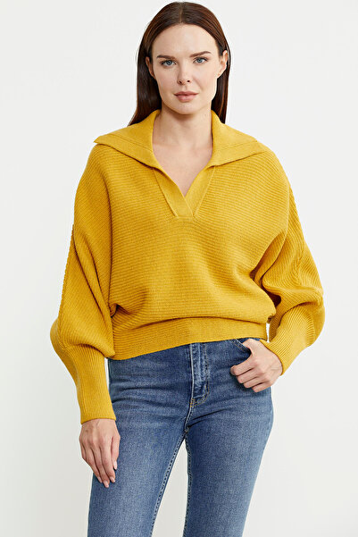Sementa Bat Sleeve Polo Neck Wool Knit Sweater - Yellow