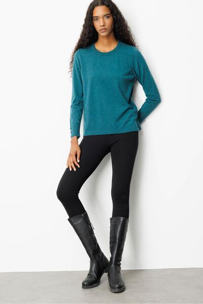 Desen Triko Women's Crew Neck Slit Side Buttoned Blouse Green