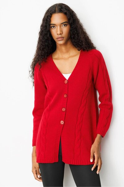 Desen Triko Women's V-Neck Hair Braided Long Wool Cardigan Dark Red