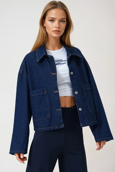 VAGGON Dark Blue Double Pocket Button Closure Denim Jacket