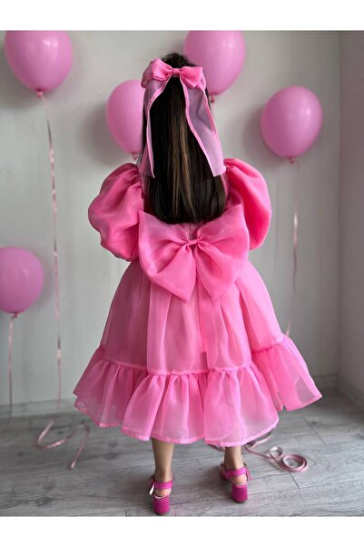 Sare Çocuk Giyim Girl's Pink Heart and Ruffle Detailed Karolin Princess Birthday Evening Dress + Bag + Buckle