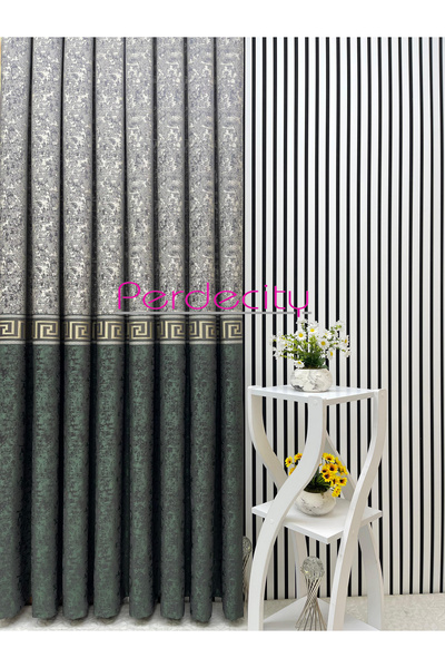 PERDECITY Poseidon Green Gray Gold Detailed Panel Backdrop Curtain Suitable for All Rooms 1X3 Frequent Pleats [Single Panel]