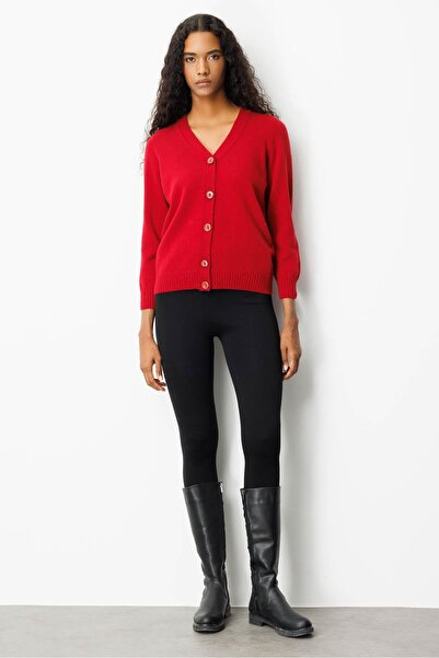Desen Triko Women's V-Neck Short Wool Cardigan Dark Red