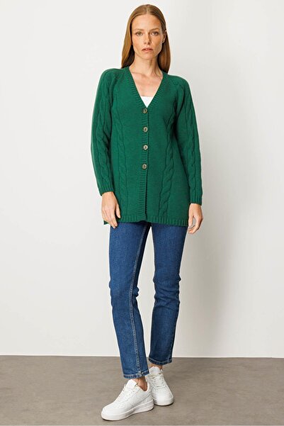 Desen Triko Women's V-Neck Hair Braided Long Wool Cardigan Ö.Başı