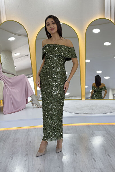 the ZKS Kadın Madonna Yaka Pul İşlemeli Kalem Midi Boy Abiye Elbise Siyah, Lila, Lacivert,Bej,Haki,Su Yeşili