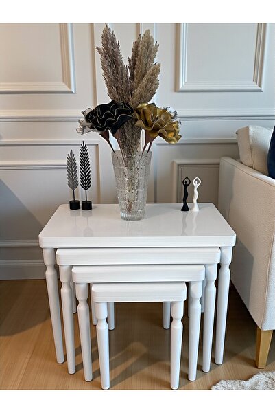 AYSA Mobilya 4Lü Beyaz Beyaz Lüx MDF Ahşap Zigon Sehpa