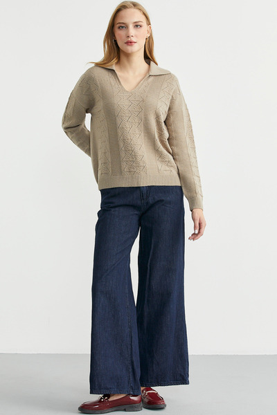 Sementa Polo Neck Patterned Knitwear Sweater - Camel