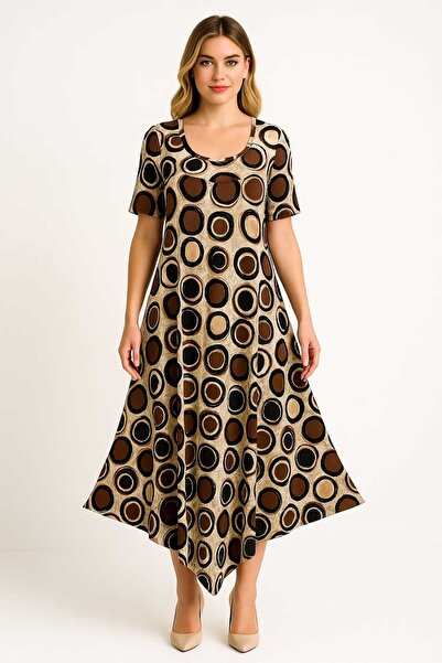 Şans Women's Plus Size Mink, Asymmetric Cut Hem, Short Sleeve Viscose Dress 65N39108