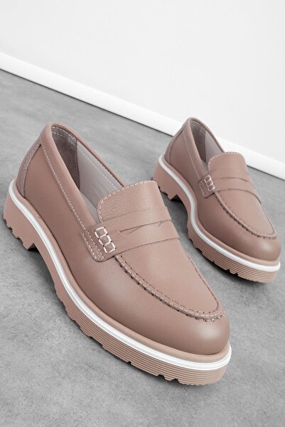 Lal Shoes & Bags Mia Women's Genuine Leather Stitching Detailed Thick Sole Loafer Shoes B4154-Mink
