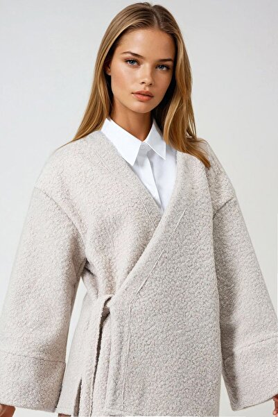 VAGGON Kadın Taş Kruvaze Yaka Yandan Bağlamalı Premium Ceket Vs01010