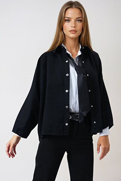 VAGGON Black Snap Button Jacket with Short Front and Long Back Batwing Sleeves