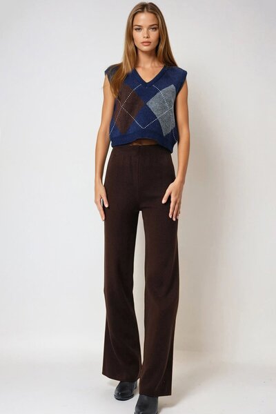 VAGGON Kadın Acı Kahve Yüksek Bel Beli Lastikli Triko Palazzo Pantolon Vs00973