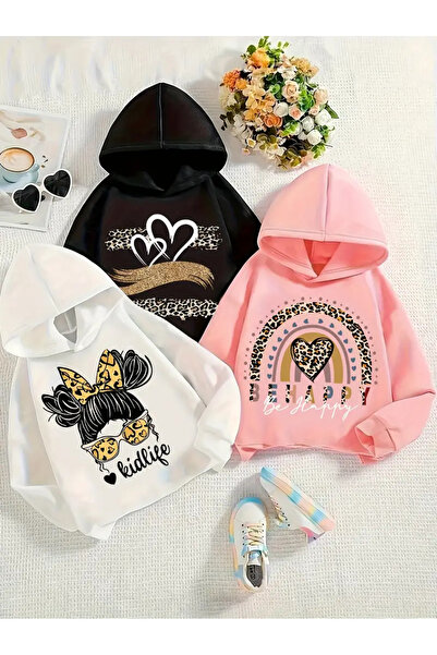 MORNİNG KİDS 3-компонентен комплект за момичета с качулка KidLife-Happy Hearts с принт (розово-черно-бяло)