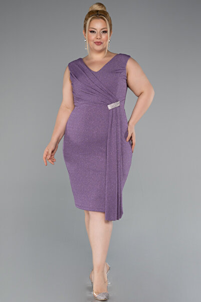 Abiyefon Lavanta Kolsuz V Yaka Simli Midi Büyük Beden Abiye ABK1752