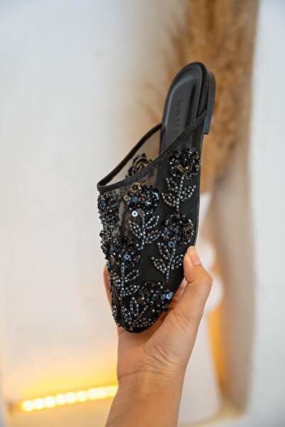 LamintaGlobal Lory Black Bead Embroidered Mesh Women's Slippers