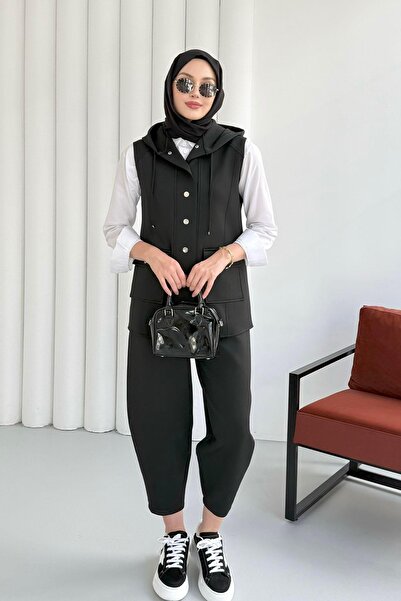 Modaensarbutik Yeleği Çıt Çıt Düğmeli Scuba Kumaş İkili Tesettür Takım-SİYAH