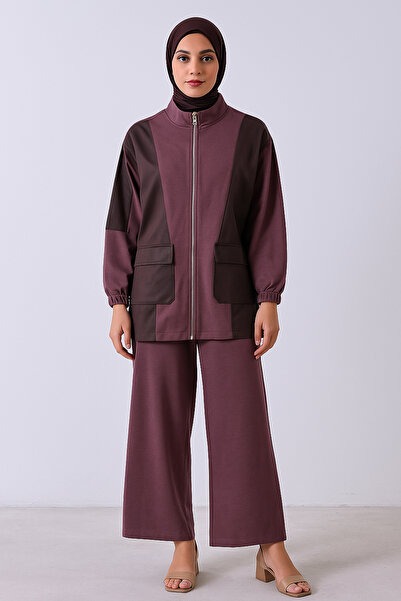 Feminist Bileği Lastikli 2 Cepli Fermuar Kapamalı Hırka Pantolonlu Takım Mürd...