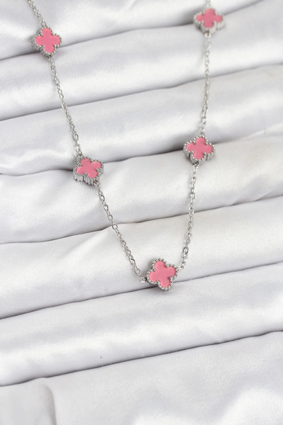 Epilons Bfs 316L Steel Chain Silver Color Pink Baby Boy Clover Women's Necklace