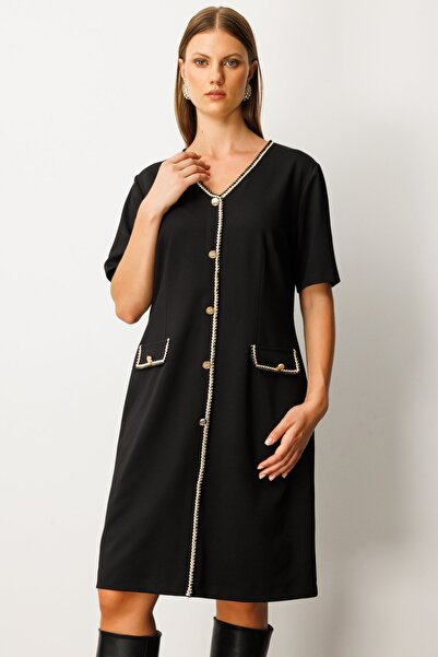 Ekol Biyeli Süs Kapak Cepli Elbise Siyah