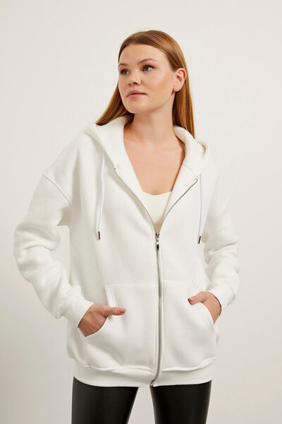 Arma Life Women's Zippered Hooded White Oversize Sweatshirt