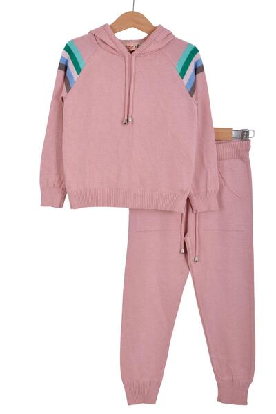 Minora Knitwear Unisex Hooded Stripe Detailed Set Pudra