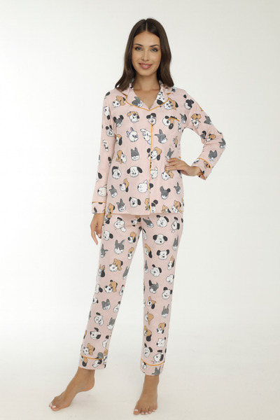 Miss Dünya Lissa Sweet Doggy Pink Patterned Women's Shirt Collar Long Sleeve Pajama Set