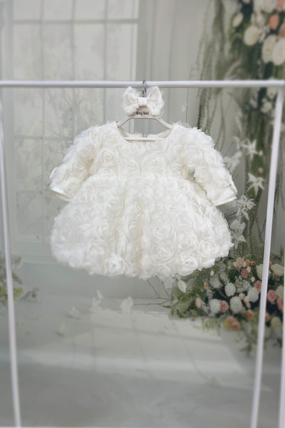 Bertuğ Bebek Rose Long Sleeve Balloon Skirt Girl's Collar White Evening Dress Mevlüt Dress