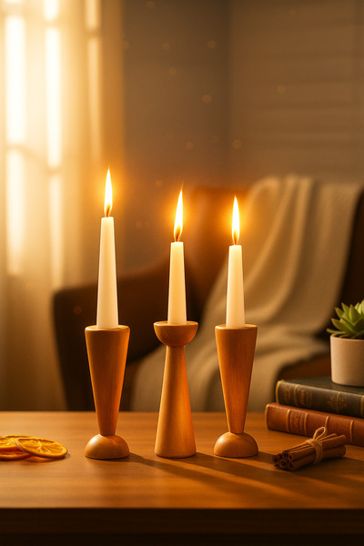 SKYWOOD Doğal Ahşap Şamdan Mumluk Seti 3’lu Özel Kutulu