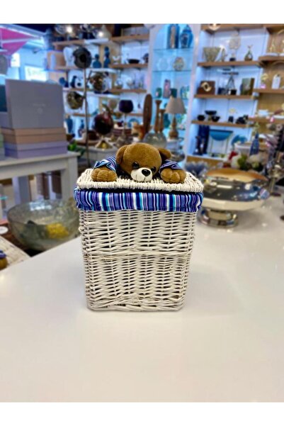 Sever White Blue Plush Detail Wicker Organizer Basket 23X13X25Cm