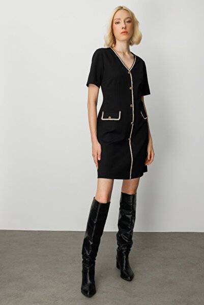 Ekol V Yaka Biyeli Midi Elbise Siyah