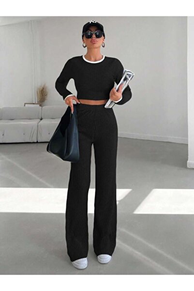 Yaka ve Kol Garnili Bol Paça Pantolon Fitilli Kaşkorse Kadın Takım