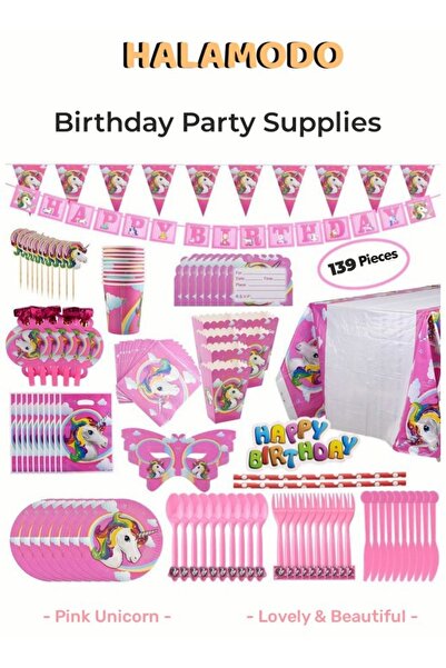 HALAMODO مجموعة لوازم حفلات أعياد الميلاد للفتيات على شكل وحيد القرن الوردي، مكونة من 139 قطعة