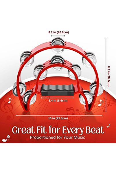 MegArya Flexzion Half Moon Musical Tambourine (2 Pack, Red) Double Row Metal Jingles