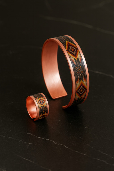 OSMANLI GÜMÜŞ Women's Copper Bracelet Ring Set - Lulu Model Special Edition Metal Box and Quartz Stone