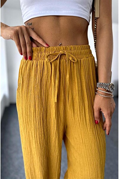 Nana & Mayka Moda Camel Waffle Women's Baggy Pants – Elastic Waist, Loose Fit, Summer Comfortable Model 4000