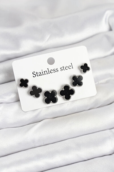Hobibahçem Mey Import ®   316L Steel Silver Black Color 3 Sizes Clover Earrin...