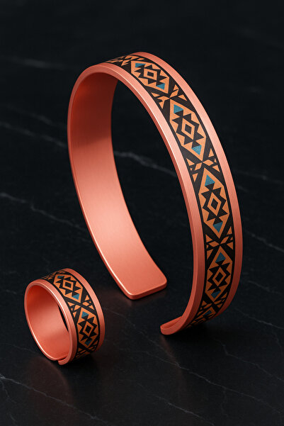 OSMANLI GÜMÜŞ Women's Copper Bracelet Ring Set - Liva Model Special Edition Metal Box and Quartz Stone