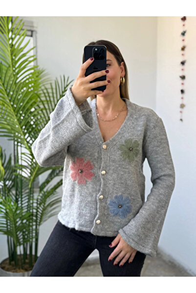 Kubos Moda Floral Detail Spanish Sleeve Gray Women's Cardigan