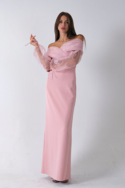 Feminist Organze Kol Detaylı Kayık Yaka Abiye Pudra 0801086