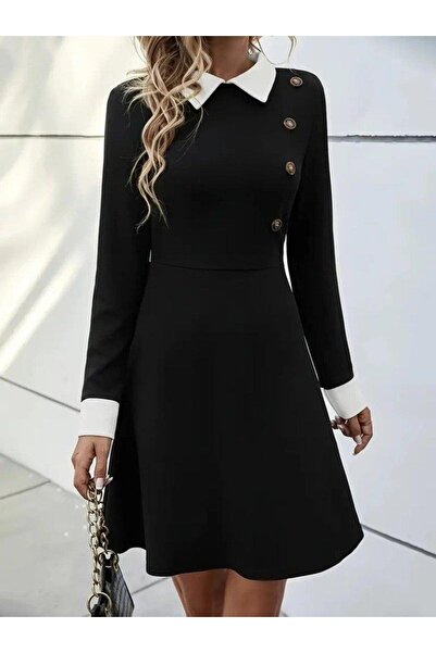 babatr.com Női hosszú ujjú, gombos, rövid modális miniruha gallérral