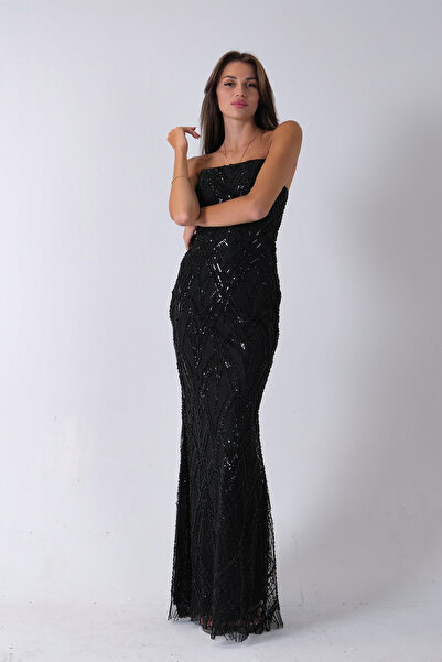 Feminist Üzeri Taş İşlemeli Sırt Bağlamalı Straplez Abiye Siyah 9705498