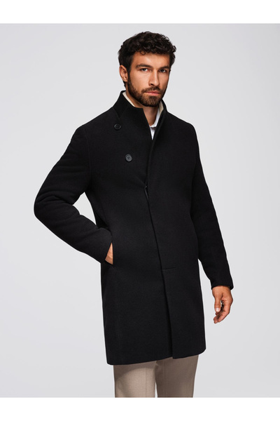 OMBRE Herrenmantel mit asymmetrischem Verschluss und hohem Kragen - Schwarz O...