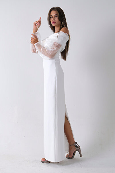 Feminist Organze Kol Detaylı Kayık Yaka Abiye Beyaz 0801086