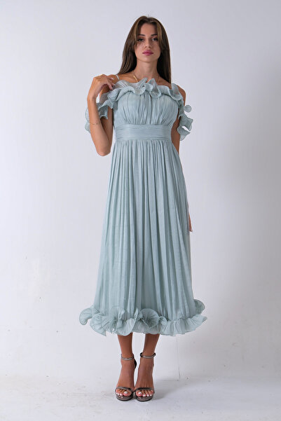 Feminist Göğüs Ve Etek Ucu Çiçek Detaylı Abiye Elbise Mint 9705622