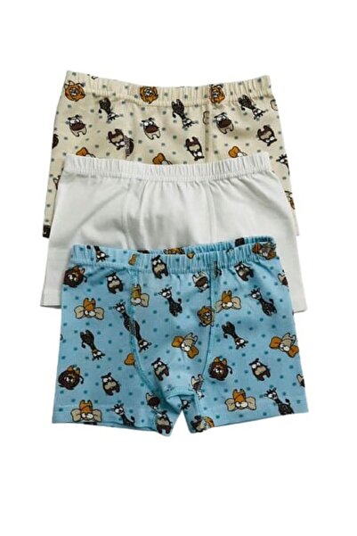 elmas kids Boy's Cotton Beige Blue Mini Animal Patterned 3-Piece Boxer