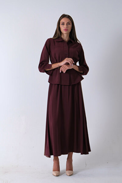 Feminist 2 Cep Detaylı Belden Lastikli Etekli Takım Bordo 4592257