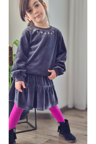 My Baby's World Girl's Suit with Glittery Stars and Dark Gray Velvet Skirt (2-8 Years Old)