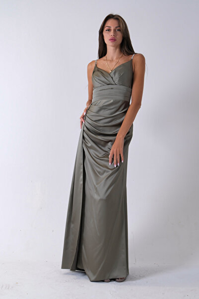 Feminist Gümüş Askı Detaylı Yırtmaçlı Straplez Abiye Haki 0801023