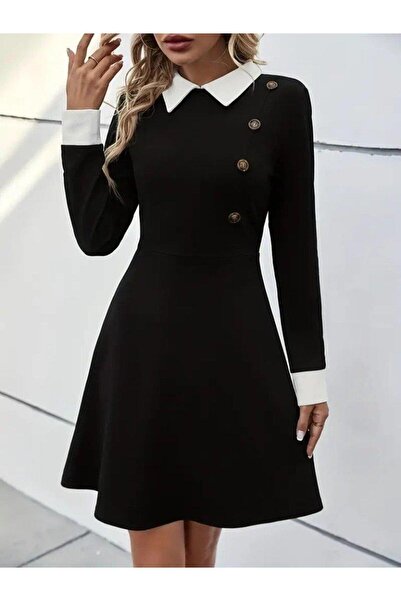 babatr.com Női hosszú ujjú, gombos, rövid modális miniruha gallérral