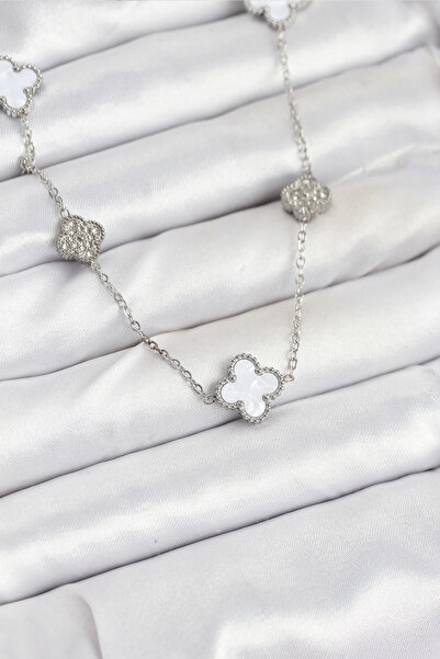 Epilons Bfs 316L Steel Chain Silver Color White and Zircon Stone Clover Women...